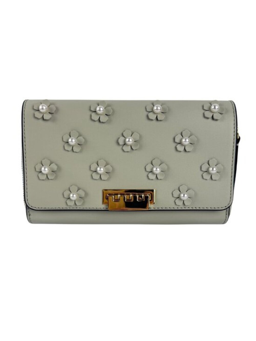 ZAC Zac Posen Earthette Dove Gray Floral Applique Leather Crossbody Wallet